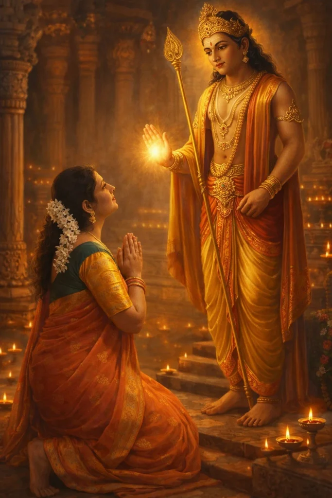 A woman kneeling with folded hands in front of Lord Murugan, Murugan blessing her with glowing hand, temple background, diya lights, spiritual calm environment, ultra realistic devotional painting