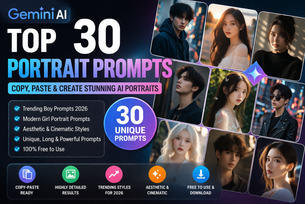 Top 30 Gemini AI Portrait Prompts 2026 (Copy & Paste for Boys, Girls, Aesthetic and Trending Styles)