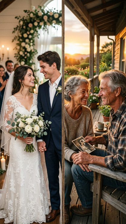 Create an emotional split-image portrait of the uploaded couple. On the left side, show them on their wedding day, young and smiling, wearing elegant wedding clothes. On the right side, show the same couple 40 years later sitting together on a porch at sunset, still smiling at each other with the same love. Keep the same facial identity, but realistically age them on the older side. Add warm golden light, realistic wrinkles, wedding flowers, and emotional storytelling.