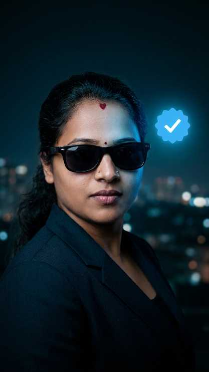 Create a high-end celebrity-style social media profile image of the uploaded person. Keep the same face and identity from the uploaded image. [He/She] is wearing a dark luxury blazer and black sunglasses. Add a glowing blue verified checkmark floating beside [his/her] head, with soft blue light reflecting on the face. The background should be dark with blurred city lights and subtle bokeh. Make the overall style look like a famous influencer profile photo.