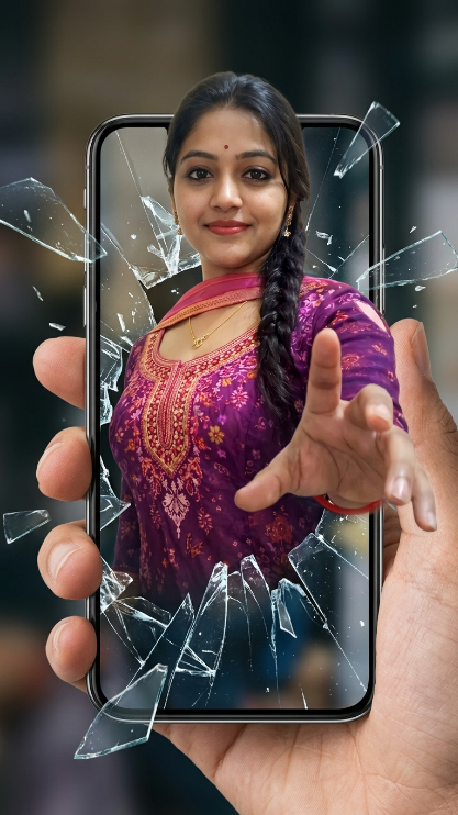 Create a realistic image of the uploaded person appearing to break out through a smartphone screen. The phone is held in someone's hand, and the uploaded person is emerging from the screen in a dramatic 3D effect. Keep the face and identity exactly the same. [He/She] should appear to be reaching forward with one hand while smiling confidently. Add broken glass effects, realistic screen reflections, shadows, and depth so the person looks like [he/she] is coming out of the phone.