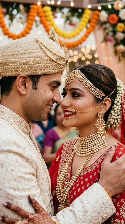 Create a close-up portrait of an Indian bride and groom just before their wedding ceremony. Their faces are very close together, almost touching. The bride wears detailed bridal makeup, a red lehenga, heavy gold jewelry, and a maang tikka. The groom wears a cream sherwani with subtle embroidery. Both are looking directly at each other with nervous but happy expressions. The background should have blurred marigold flowers and wedding lights. Focus sharply on the eyes, smile, jewelry, and detailed Indian wedding clothing.