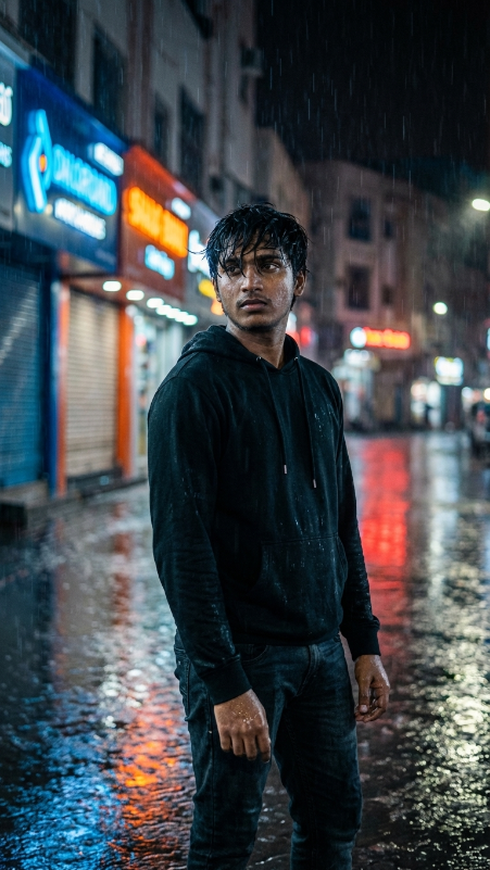 Create an ultra-realistic cinematic portrait of a young man standing on a quiet city street at night during heavy rain. He is wearing a black hoodie and dark jeans, with wet hair and realistic skin texture. Neon shop lights reflect in the puddles around him. The camera angle is slightly low, shot on a 50mm lens with shallow depth of field. Add realistic raindrops on the jacket, soft blue and orange lighting, natural shadows, detailed background blur, and a moody expression. Make it look like a real DSLR photograph, not AI art.