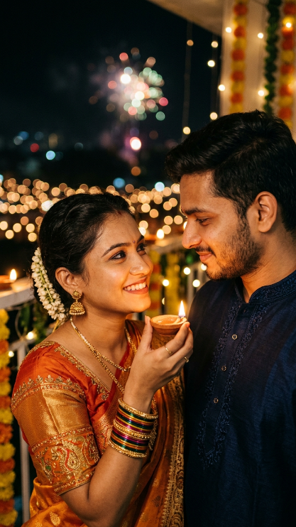 Create a beautiful close-up portrait of an Indian couple during Diwali night. The camera is very close to their faces. The woman is holding a small diya near her face while smiling at the man. The man looks at her with a soft smile. She wears a festive saree with earrings and bangles, while he wears a dark kurta. The background is full of blurred diya lights and soft fireworks. Warm orange and golden lighting illuminates both faces beautifully.