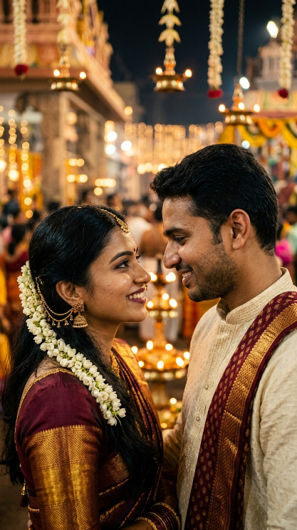 Create a close-up cinematic portrait of an Indian couple standing together during a traditional temple festival at night. The camera is very close to their faces. The woman wears a rich silk saree with jasmine flowers in her hair, gold earrings, and a small red bindi. The man wears a cream kurta with a soft shawl over one shoulder. Their faces are only a few inches apart and both are smiling gently while looking into each other's eyes. Behind them are blurred temple lights, hanging lamps, and soft golden bokeh. Focus sharply on the eyes, smile, and jewelry details. Ultra-realistic Indian skin tones, DSLR portrait photography, shallow depth of field.