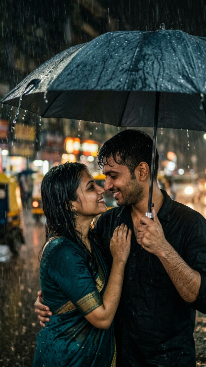 Create a close-up romantic portrait of an Indian couple standing under one umbrella during heavy rain. The umbrella covers most of the top of the frame, while the couple's faces are very close together underneath it. Raindrops are visible on their hair and cheeks. The woman wears a dark saree and the man wears a black shirt. Both are smiling softly and looking into each other's eyes. The background is blurred with rain and city lights.