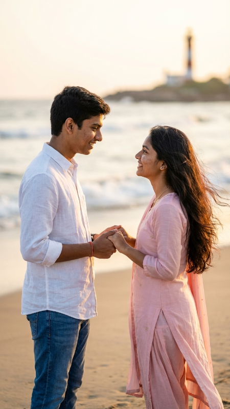 Create a realistic romantic photo of a young couple standing near a beach during sunset. The boy is wearing a simple white shirt and jeans, and the girl is wearing a light pink salwar with long hair moving in the wind. They are smiling naturally and looking at each other. Add warm golden sunset light, soft waves in the background, realistic skin texture, natural expressions, and shallow depth of field. Make it look like a real candid engagement-style photograph.