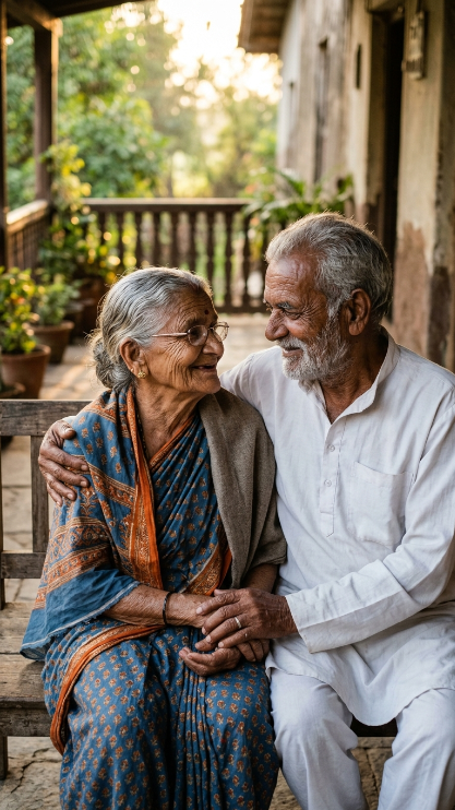 Create a deeply emotional close-up portrait of an elderly Indian couple sitting together on a veranda. Their faces are very close together and full of realistic wrinkles and emotion. The old woman wears a simple saree and small glasses. The old man wears a white shirt. Both are smiling gently while looking at each other. The background should be softly blurred with evening sunlight, old house walls, and plants. Focus on the emotion in their eyes and realistic aged faces.