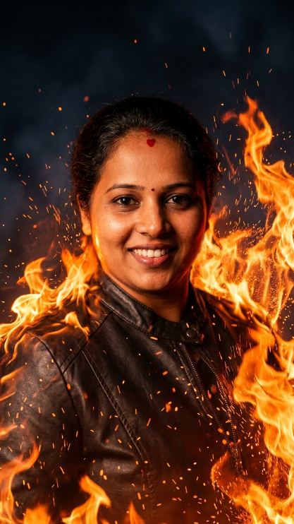 Create a powerful social media profile portrait of the uploaded person surrounded by orange fire and sparks. Keep the same face exactly as the uploaded image. [He/She] wears a dark jacket while intense fire glows around [his/her] shoulders and behind the body. The background is dark with dramatic lighting and realistic flame effects. The image should feel bold and powerful.