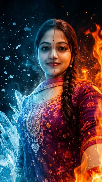 Create a dramatic portrait of the uploaded person where one side of [his/her] body is surrounded by blue ice and the other side is surrounded by orange fire. Keep the same face and identity from the uploaded image. The left side should glow with frozen blue light and floating ice particles, while the right side glows with fire, sparks, and warm orange light. The image should look cinematic, powerful, and highly detailed.