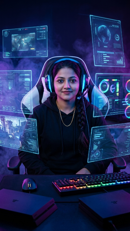 Create a futuristic gaming room scene where the uploaded person is sitting in a modern gaming chair surrounded by floating holographic screens. Keep the face exactly the same as the uploaded image. [He/She] wears a black hoodie and gaming headphones with blue neon lights. The room is dark with glowing RGB lights, floating keyboards, gaming setup, and blue-purple neon atmosphere. Add realistic reflections, smoke, and modern futuristic details.