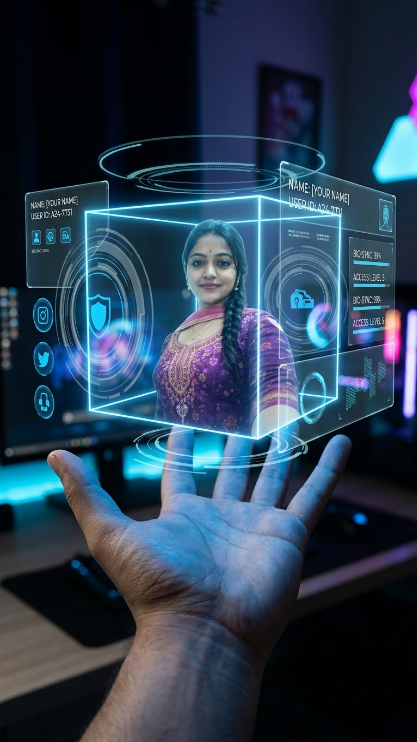 Create a premium transparent glass VIP access card with the uploaded person's portrait in the center. Keep the face exactly the same as the uploaded image. The card should be held between two fingers and have elegant silver and blue holographic edges. At the top write โVIP MEMBER 2026โ in glowing text. Add the uploaded person's name below the photo, a fake membership ID number, a barcode, and futuristic holographic lines. The background should be a luxury office desk with a laptop, soft blue lighting, and blurred city lights through a window. Make the image look expensive, futuristic, and realistic.