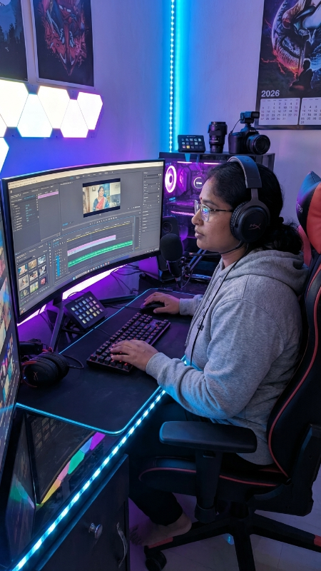 Create a realistic photo of a young content creator sitting inside a futuristic room in 2026. The room has multiple glowing monitors, RGB lights, a microphone, and a modern gaming setup. The person is wearing casual clothes and looking at the screen while editing a video. Add realistic reflections, blue ambient lighting, detailed desk setup, and a modern YouTube creator atmosphere. Make it look like a real photo, not a digital illustration.