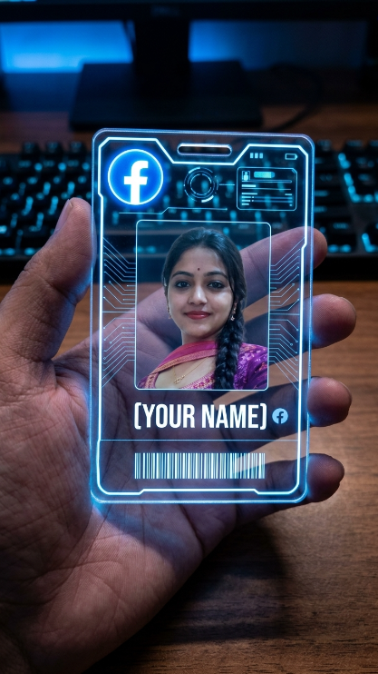 Create a high-tech futuristic transparent acrylic ID card being held in a person's hand. The center of the card must contain the uploaded person's face with the exact same hairstyle, expression, and identity. At the top of the card, add a glowing blue Facebook-style logo and futuristic interface design. Below the portrait, display the name [YOUR NAME] in bold white text with a small social-media-style icon beside it. Add digital holographic elements, a glowing barcode at the bottom, and blue neon light effects around the edges of the acrylic card. The card is being held in front of a dimly lit desk with a blurred wooden surface, a blue backlit keyboard, and a futuristic room atmosphere. Ultra-realistic acrylic material, realistic fingers holding the card, cinematic blue lighting, detailed reflections.