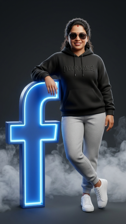 Create a high-quality 3D digital illustration of the uploaded person leaning confidently against a giant glowing Facebook “f” logo. Keep the same face and identity from the uploaded image. [He/She] is wearing a premium black hoodie with the text [YOUR NAME] embossed across the chest, light grey joggers, clean white sneakers, and stylish dark sunglasses. The background is dark grey and minimal, with realistic white smoke swirling around [his/her] feet. Add cinematic studio lighting, soft shadows, and highly detailed textures. The profile picture should feel modern, premium, and perfect for Facebook or Instagram.