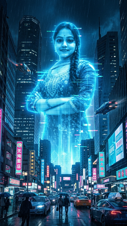 Create a futuristic city scene at night where the uploaded person appears as a giant blue hologram projected between skyscrapers. Keep the face exactly the same as the uploaded image. The hologram version of [him/her] is standing confidently with crossed arms while blue light glows around the body. Below, the city streets are full of cars, people, and neon signs. Add holographic glitches, transparent light effects, reflections on wet streets, and a cinematic cyberpunk atmosphere.