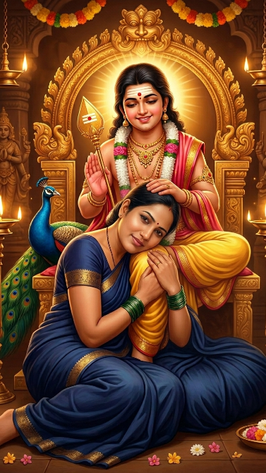Create a peaceful emotional scene of the uploaded girl sitting on the floor beside Lord Murugan while resting her head gently on his lap. Murugan is sitting on a divine golden throne inside a temple and softly touching her hair with compassion. Murugan has a calm smile, glowing golden aura, Vel beside the throne, and a peacock nearby. The girl looks safe and peaceful. Focus closely on the girl's face and Murugan's expression. Warm temple lighting, flowers, soft golden glow, realistic devotional style.