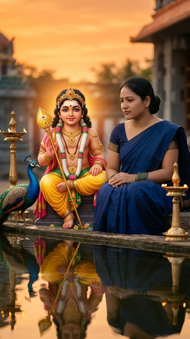 Create a calm devotional portrait of the uploaded girl sitting beside Lord Murugan near a peaceful temple pond at sunset. Murugan is sitting beside her holding the Vel while the peacock stands nearby. The girl looks at the water while Murugan looks at her kindly. Temple lights reflect in the pond. Soft orange sunset lighting, realistic reflections, emotional atmosphere, close-up focus on both faces.