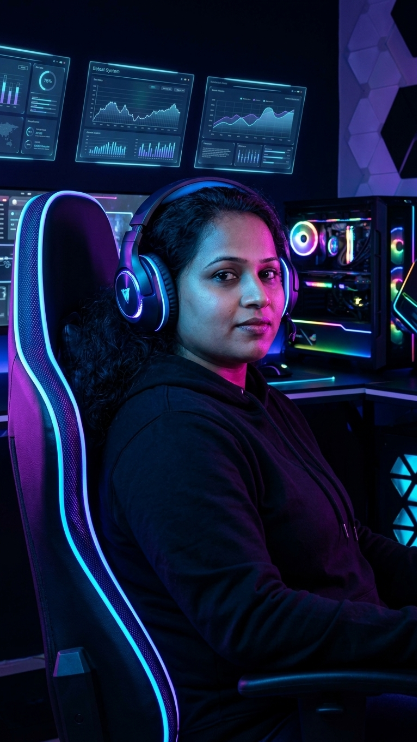 Create a futuristic gamer-style profile portrait of the uploaded person sitting in a gaming chair with blue and purple neon lights. Keep the same face and hairstyle from the uploaded image. [He/She] wears a black hoodie and glowing gaming headphones. Add floating holographic screens and RGB lighting in the background. Make the image dramatic, modern, and ideal for a gaming social media profile.