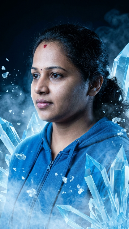 Create a cool and modern profile portrait of the uploaded person surrounded by blue ice crystals and cold mist. Keep the same face and hairstyle from the uploaded image. [He/She] wears a blue hoodie or jacket. Add icy particles, frosty light effects, and a dark blue background. The image should feel stylish, cold, and futuristic.