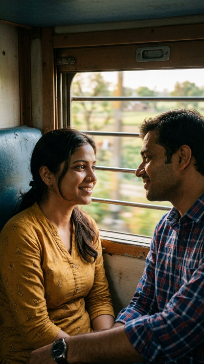Create a cinematic close-up portrait of an Indian couple sitting beside a train window during a long journey. The woman is smiling softly while looking at the man. The man is looking back at her. Their faces fill most of the frame. The woman wears a simple salwar and small nose ring. The man wears a checked shirt. Soft sunlight enters through the train window, and the outside scenery is blurred. Realistic Indian faces, emotional connection, natural expressions, and close-up photography.