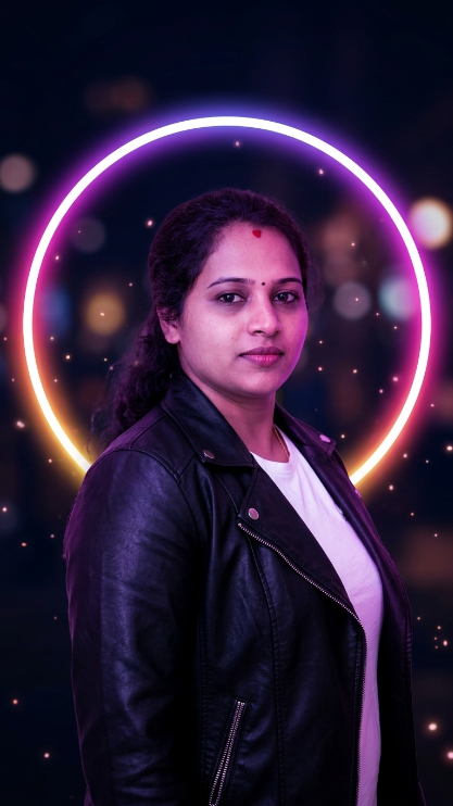 Create a stylish profile portrait of the uploaded person standing inside a glowing neon Instagram-style ring. Keep the same face and identity from the uploaded image. [He/She] wears a black jacket over a white t-shirt, with soft purple and pink lighting reflecting on [his/her] face. Behind [him/her], add a circular neon ring in Instagram colors with subtle glowing particles floating around. The background should be dark and softly blurred. Add a modern luxury vibe and make the image look perfect for a profile picture.