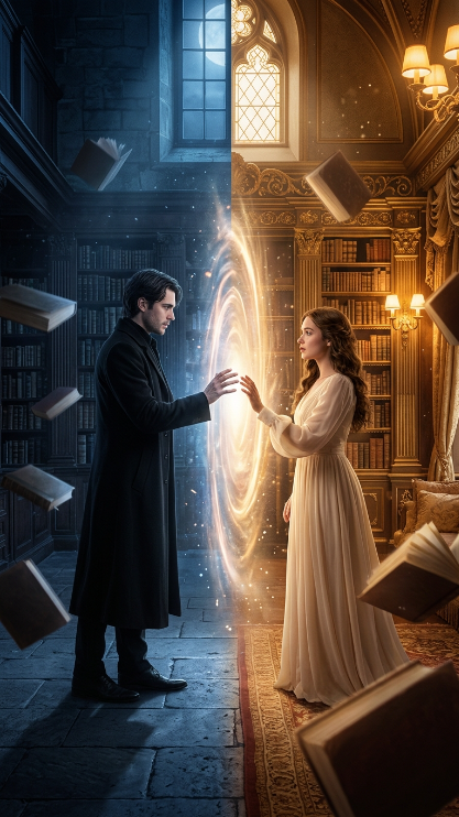 Create a magical old library split into two completely different halves. On the left side, the uploaded man is standing in a dark blue moonlit library wearing a black coat. On the right side, the uploaded woman is standing in a warm golden library wearing a soft cream dress. A glowing doorway separates them. Both are reaching toward each other through the doorway, but their hands almost touch without meeting. Floating books, glowing dust, dramatic lighting, emotional fantasy atmosphere, realistic faces.