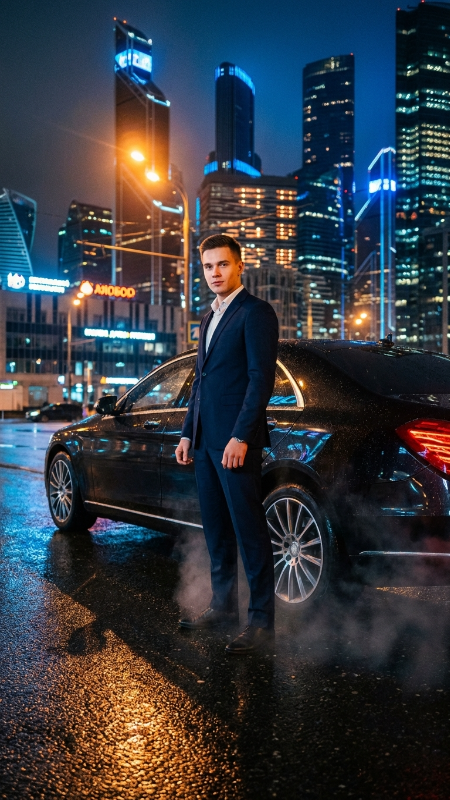 Create an ultra-realistic night photo of a young man standing beside a black luxury car parked under street lights in a modern city. He is wearing a dark suit and looking toward the camera with confidence. Add realistic reflections on the car, cinematic blue and orange city lights, wet road surface, smoke near the wheels, and a sharp portrait look. Use a wide-angle cinematic composition.