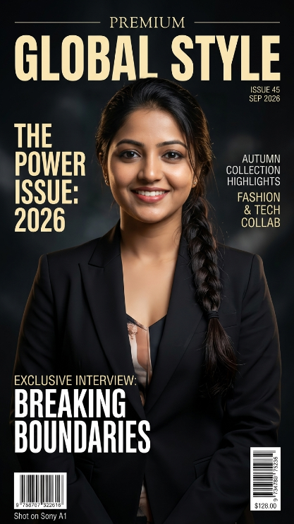 Create a premium magazine cover featuring the uploaded person. Keep the face exactly the same as the uploaded image. Place [him/her] in the center wearing a stylish black suit or fashionable outfit. Add realistic magazine text around the edges, bold headlines, and a luxury fashion magazine style. The background should be dark and dramatic with soft studio lighting. Make the overall image look like a real international magazine cover from 2026.