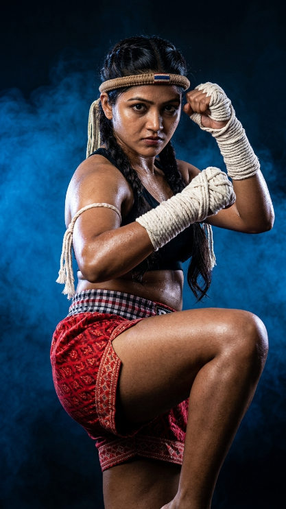Create a high-quality studio portrait of the uploaded person transformed into a powerful Muay Thai or Kun Khmer fighter. Keep the same face and hairstyle from the uploaded image. [He/She] is in a dynamic fighting stance with one knee raised and both arms in a defensive guard. [He/She] wears traditional red patterned Muay Thai shorts with a checkered waistband, a matching Mongkhon headband, and thick white rope hand wraps extending up the forearms. The background is dark with dramatic blue smoke and strong spotlighting that highlights the muscles and pose. Ultra-realistic skin texture, cinematic sports photography, sharp details.
