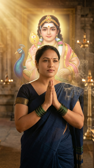 Create a realistic spiritual portrait of the uploaded girl standing alone with folded hands. Behind her, Lord Murugan appears softly in glowing divine form with the Vel and peacock. Murugan's face is calm and protective. The girl looks emotional but peaceful. Add temple smoke, golden light rays, and a blurred temple background. Keep the girl's face very close to the camera and highly realistic.