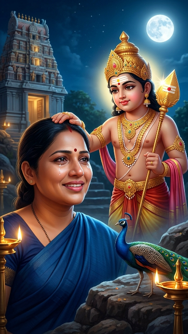 Create a beautiful devotional portrait of the uploaded girl standing with Lord Murugan under a bright full moon near a hill temple. Murugan places his hand gently on her head while blessing her. The Vel shines in the moonlight and the peacock stands nearby. The girl smiles softly with tears of happiness in her eyes. Add soft blue moonlight mixed with warm temple lamps. Keep the girl's face extremely detailed, realistic, and close to the camera.