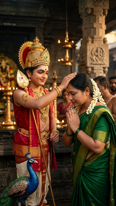 Create a realistic devotional portrait of the uploaded girl standing with folded hands in front of Lord Murugan inside a South Indian temple. Lord Murugan stands beside her with one hand gently placed on her head in blessing. Murugan wears golden ornaments, a traditional crown, holds the Vel in one hand, and has a soft divine smile. A peacock stands near his feet. The girl wears a simple silk saree with jasmine flowers in her hair. Warm temple lamps glow in the background. Make the girl's face very clear and close to the camera. Soft golden lighting, realistic skin texture, emotional expression, cinematic devotional atmosphere.
