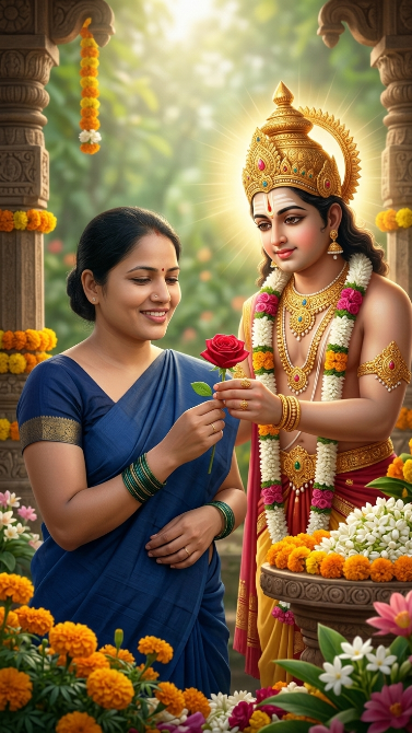 Create a gentle devotional scene where Lord Murugan is giving a red flower to the uploaded girl inside a flower-filled temple garden. The girl smiles softly while accepting the flower. Murugan wears royal clothing with gold ornaments and a glowing aura. The background contains temple pillars, flowers, and soft morning sunlight. Make both faces realistic and emotional, with close-up focus on the girl's expression.