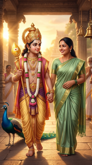 Create an emotional devotional scene where the uploaded girl is walking beside Lord Murugan on a temple path at sunrise. Lord Murugan is gently holding her hand and guiding her forward. Murugan wears traditional royal clothing, a shining Vel in the other hand, and a peacock walking nearby. The girl wears a soft traditional saree and looks peacefully toward Murugan. The camera should be close to both faces, showing clear emotional expressions. Golden sunrise light, temple bells in the distance, realistic details, devotional atmosphere.