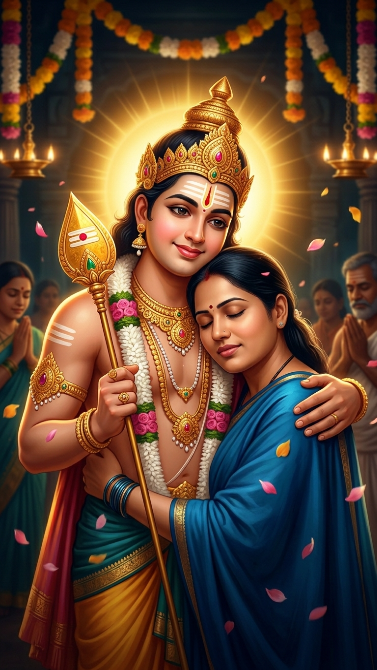 Create a deeply emotional devotional portrait of Lord Murugan lovingly hugging the uploaded girl. The girl closes her eyes peacefully while Murugan protects her with one arm around her shoulders. Murugan wears traditional ornaments, holds the Vel in one hand, and has a glowing golden aura. Flower petals float in the air around them. The background is a temple with blurred lamps and soft light. Keep the girl's face very clear and realistic.
