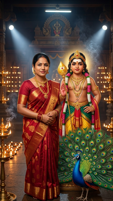 Create a realistic portrait of the uploaded girl standing confidently beside Lord Murugan. Murugan stands slightly behind her like a protector with the Vel in his hand and the peacock at his feet. The girl wears a traditional dress and looks strong and peaceful. Both faces should be close to the camera and very clear. Add a temple background with golden lamps, dramatic devotional lighting, and a powerful emotional atmosphere.