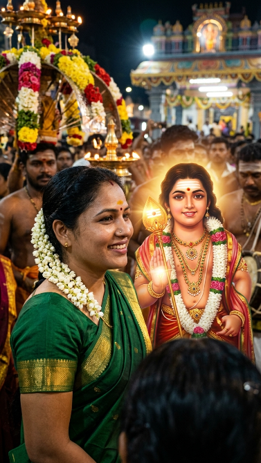 Create a realistic devotional scene of the uploaded girl standing beside Lord Murugan during a Thaipusam festival procession. The girl wears a traditional saree with flowers in her hair. Murugan stands beside her with divine light around him, holding the Vel and smiling gently. Around them are temple lights, devotees, flowers, and blurred festival decorations. Keep both faces clear, close-up, and emotional.