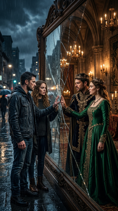 Create a dramatic portrait where the uploaded couple are standing on opposite sides of a giant cracked mirror. On one side they wear modern clothes in a rainy city street. On the other side they wear elegant royal clothing inside an ancient palace. They are both touching the mirror with one hand as if trying to reach each other from different worlds. Add cracked glass details, rain reflections, palace candlelight, and cinematic contrast.
