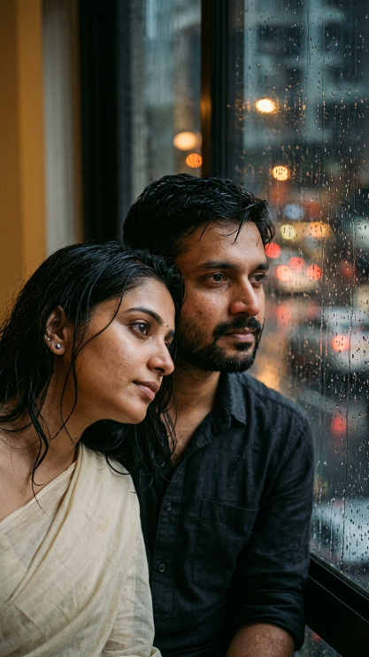 Create an emotional close-up portrait of an Indian couple sitting beside a rainy window. The woman rests her head lightly against the man's shoulder while both look outside. The camera is very close to their faces, showing detailed eyes, soft expressions, wet hair strands, and realistic skin texture. The woman wears a simple light-colored saree and small earrings. The man wears a dark shirt. Raindrops on the glass and blurred city lights are visible in the background. Warm indoor light falls softly across their faces.