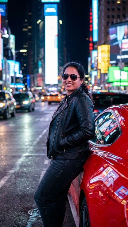 Create a modern profile portrait of the uploaded person standing beside a bright red sports car. Keep the same face and identity from the uploaded image. [He/She] wears a black leather jacket, dark jeans, and sunglasses. The background should be a city at night with neon reflections and blurred lights. Add dramatic lighting and realistic reflections from the car.