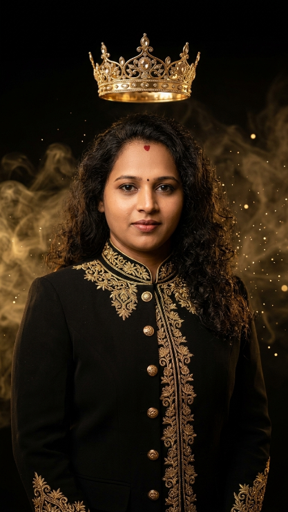 Create a luxury profile portrait of the uploaded person wearing a black suit with gold details. Keep the same face and identity from the uploaded image. Add a dark black background with soft golden smoke and elegant glowing gold particles. Place a subtle golden crown floating above [his/her] head. The portrait should feel rich, stylish, and powerful.