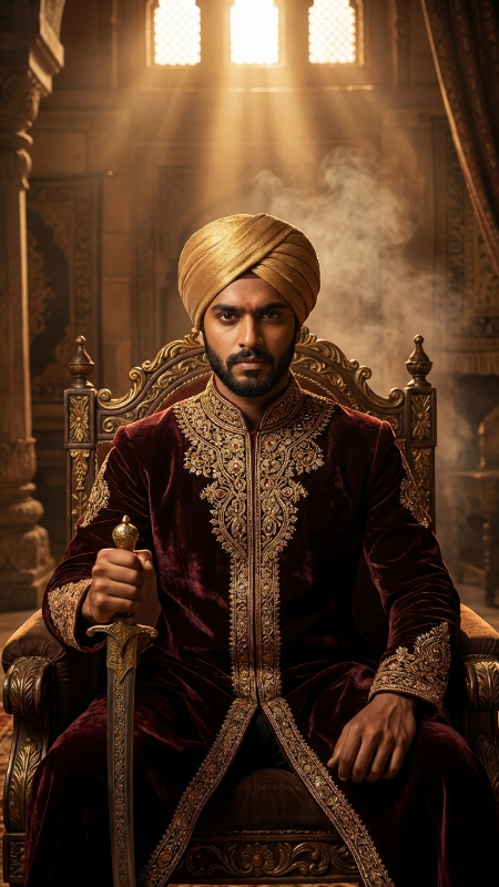 Create a dramatic royal portrait of a young man sitting on a large throne inside an ancient palace. He is wearing a dark maroon royal outfit with gold embroidery, holding a sword, and looking directly at the camera. Add cinematic golden lighting, smoke in the background, highly detailed fabric texture, realistic facial details, and a rich palace interior. The image should look like a movie poster with ultra-realistic quality.