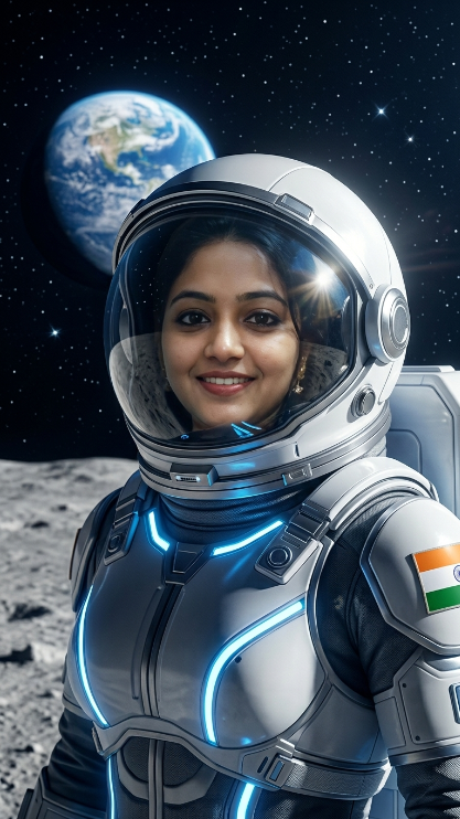 Transform the uploaded person into a futuristic astronaut standing on the moon. Keep the face exactly the same as the uploaded image, visible through the glass helmet. [He/She] wears a detailed white and silver space suit with glowing blue details. The moon surface, Earth in the sky, and stars are visible in the background. Add cinematic lighting, realistic reflections on the helmet, and a heroic pose.