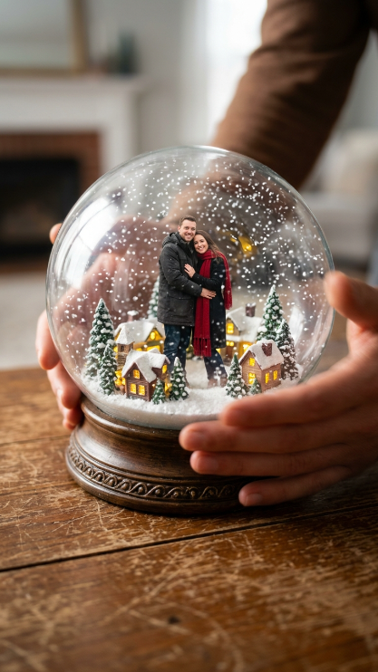 Create a highly detailed image of the uploaded couple inside a large snow globe sitting on an old wooden table. Inside the globe, the couple are standing close together in a tiny winter village under falling snow. The man wears a dark winter coat and the woman wears a long red scarf. Outside the globe, blurred hands are holding it gently. Add glowing lights inside the village, realistic snow, warm cozy atmosphere, and soft reflections on the glass globe.