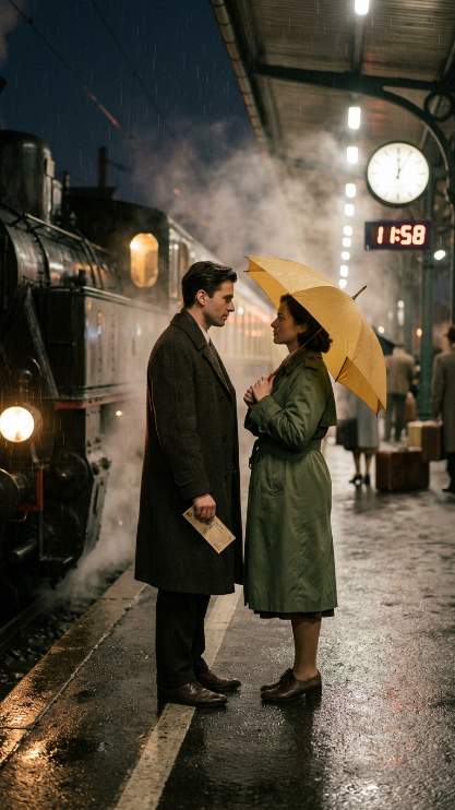 Create a cinematic scene inside an old train station at 11:58 PM during light rain. The uploaded couple are standing beside a vintage train, facing each other closely but not touching. The man holds a folded ticket in one hand, while the woman holds a small yellow umbrella. Behind them, the train lights glow softly through the rain and steam rises from the platform. The scene should feel emotional, like they are about to leave but neither wants to say goodbye. Wet ground reflections, warm station lights, realistic clothing, subtle sadness, ultra-realistic cinematic photography.