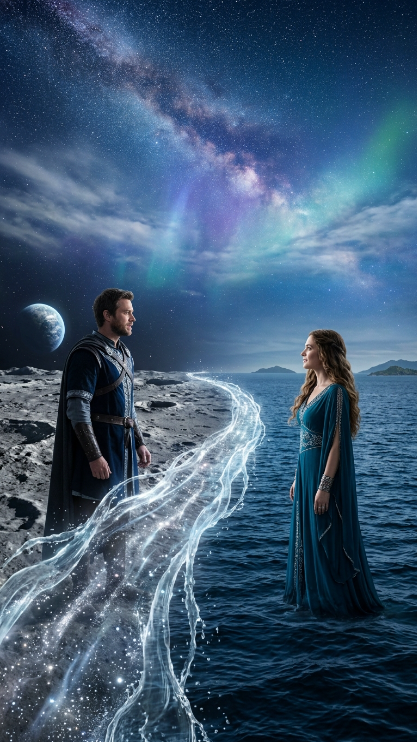 Create a fantasy-inspired portrait where the uploaded man is standing on the moon and the uploaded woman is standing in the middle of the ocean. Both are looking toward each other from far away. A glowing silver bridge made of stars and water slowly connects them. The sky is full of stars, soft clouds, and magical blue light. Their expressions should feel emotional and hopeful. Ultra-realistic fantasy style, dramatic lighting, cinematic atmosphere.