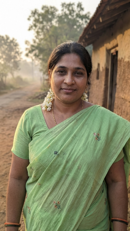 Create a realistic portrait of a beautiful Indian village girl standing near a small house in the early morning. She is wearing a simple cotton saree in light green with small floral patterns, jasmine flowers in her hair, and minimal jewelry. The background should include a mud road, soft sunrise light, and slightly blurred trees. Keep the face realistic and natural with no AI look, no beauty filter, and detailed skin texture. Shot in close-up portrait style with soft natural lighting.