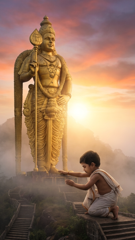 Create a highly detailed spiritual photo of a large golden statue of Lord Murugan standing on a hill during sunrise. A young child in simple traditional clothes is touching the statue with devotion. Add soft sunlight from behind the statue, mist around the hill, detailed temple steps, realistic sky colors, and emotional atmosphere. Make the image extremely realistic and respectful, with natural lighting and fine texture details.