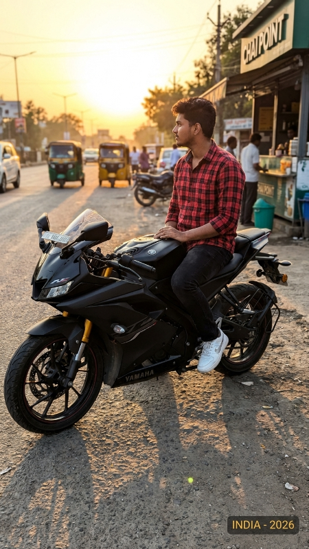Create a realistic outdoor photo of a college boy sitting on a black sports bike near a roadside tea shop during sunset. He is wearing a checked shirt, black jeans, and white shoes. Add warm sunlight on the face, realistic shadows, detailed road texture, blurred background vehicles, and a casual pose while looking away from the camera. Make it feel like a real candid photo taken on a smartphone in India in 2026.